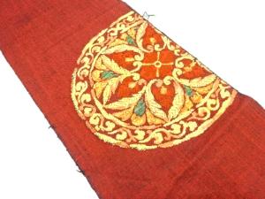 手織り真綿紬　絵皿に花更紗模様織り出し　名古屋帯